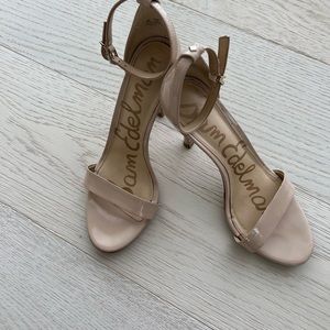 Sam Edelman. Nude colored patent leather 4” open toe heel.